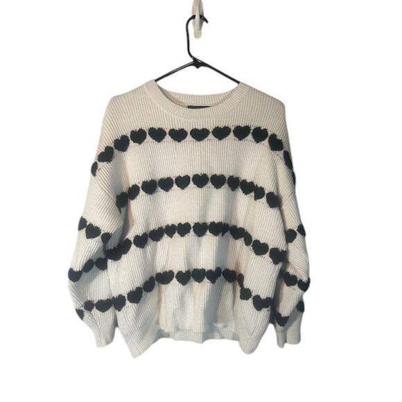 Emery Rose White Black Hearts Long Sleeve Crew Neck Knit Sweater Women Sz XL - Picture 1 of 8